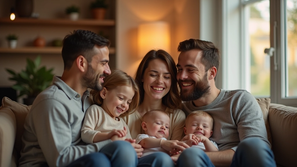 Familie verschiedener Herkunft in deutschem Wohnzimmer, Integration und Zusammenleben