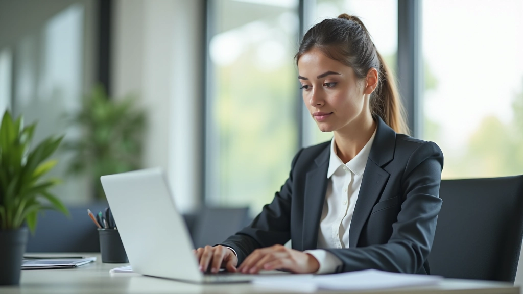 Junge Frau arbeitet konzentriert an ihrem Schreibtisch in einem modernen Büro mit Naturlicht
